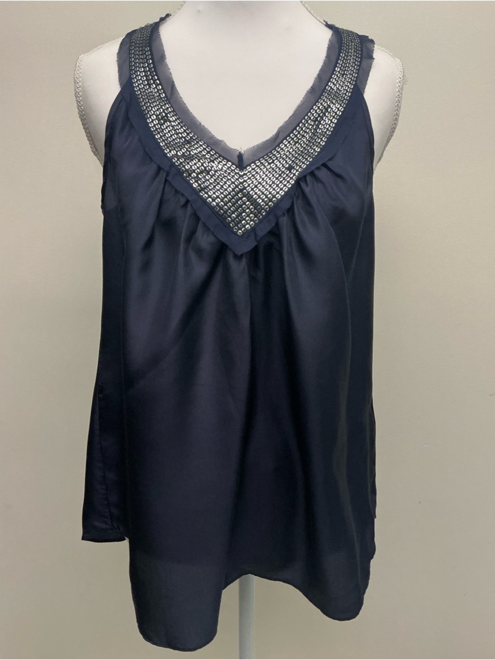 Rebecca Taylor - Navy Sleeveless V-Neck Embellished Blouse